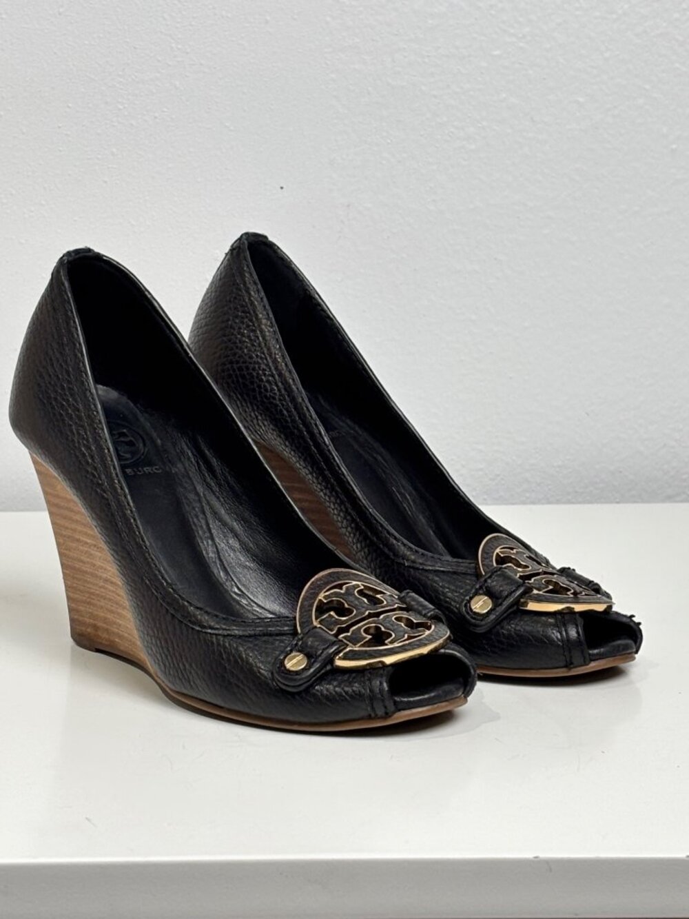Tory Burch Black Leather Amanda Peep Toe Wedge Pumps (6.5)
